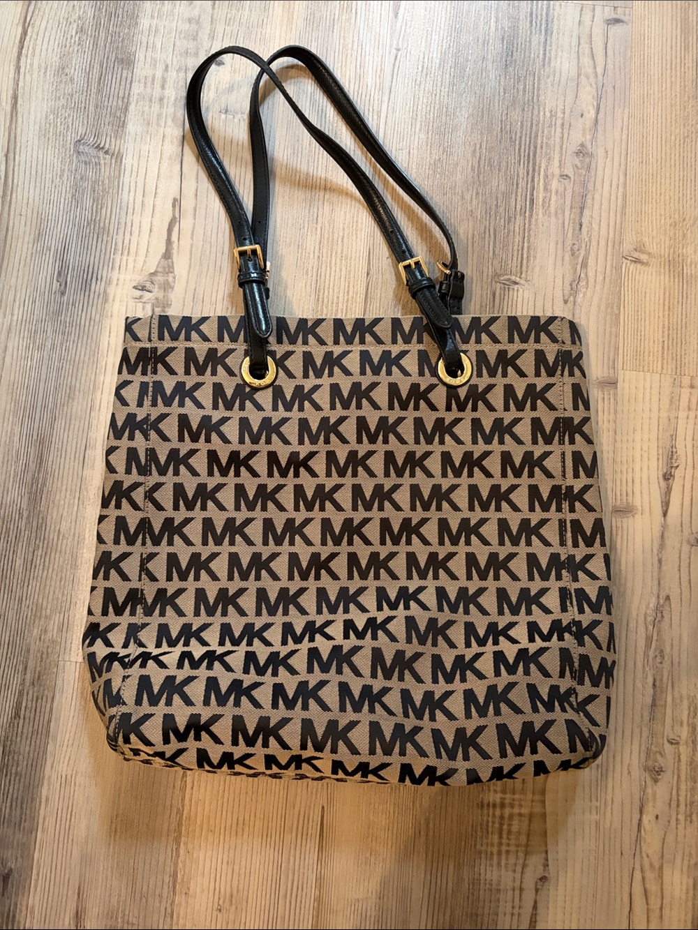 Michael Kors Beige/Brown MK Signature Tote with Black Straps